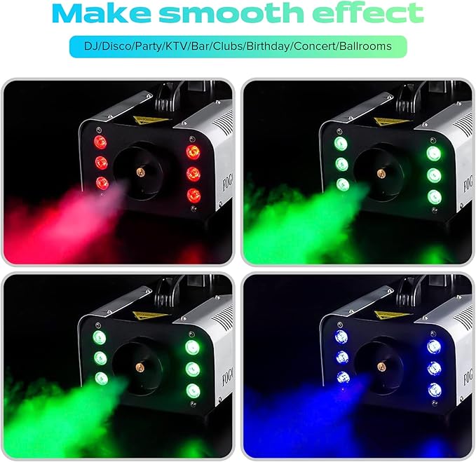 1200W RGB Fog Machine, 6 Colorful LED Lights for Smoke Machine Indoor/Outdoor Use, Perfect for Parties, Weddings, and Stage Effects