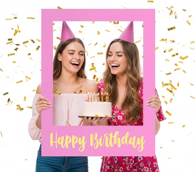 32 x 24 Inch Large Photo Booth Props Picture Frame Happy Birthday Party Frame DIY Cutouts Photo Booth Props Selfie for Party Supplies Favors(Pink Gold,Happy Birthday)
