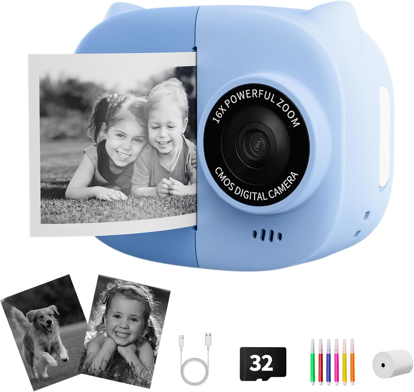 Portable Instant Camera for Kids Print Photos Travel Digital 1080P Video Camera for Toddlers 3 4 5 6 7 8 Year Old Boy Holiday Christmas Birthday Gifts (Blue)