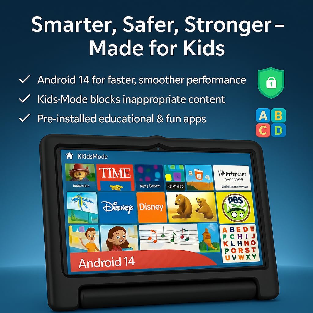 10.1 Inch Kids Tablet with Shockproof Case | Android 14, 64GB+8GB RAM, 12H Battery | Parental Control, Google Kids Space & Preloaded Educational Apps | WiFi 6, HD Display, Ages 3-12