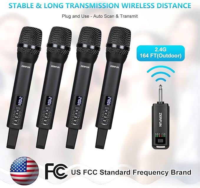 4 Rechargeable Wireless Microphones, Pro Handheld Cordless Mics System with Echo Treble BASS VOL Control for Karaoke Singing Church Party, 1/4'' Output, Black
