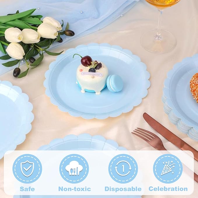 24 Pcs Light Blue Paper Plates 9 Inch Scalloped Dessert Plates - Disposable Light Blue Cake Plate - Baby Shower Birthday Party Wedding Bridal Party Supplies