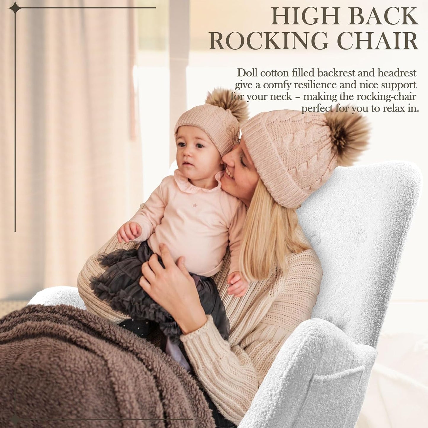 Waleaf Teddy Upholstered Rocking Chair, Indoor Glider with High Backrest, Padded Seat Nursing Chair for Bedroom (Ivory)