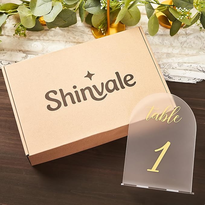 SHINVALE Arch Acrylic Wedding Table Numbers 1-15 with Gold Foil Font – Frosted Finish, Elegant Modern Design with Stands, Easy Assembly Table Signs for Weddings, Parties & Events