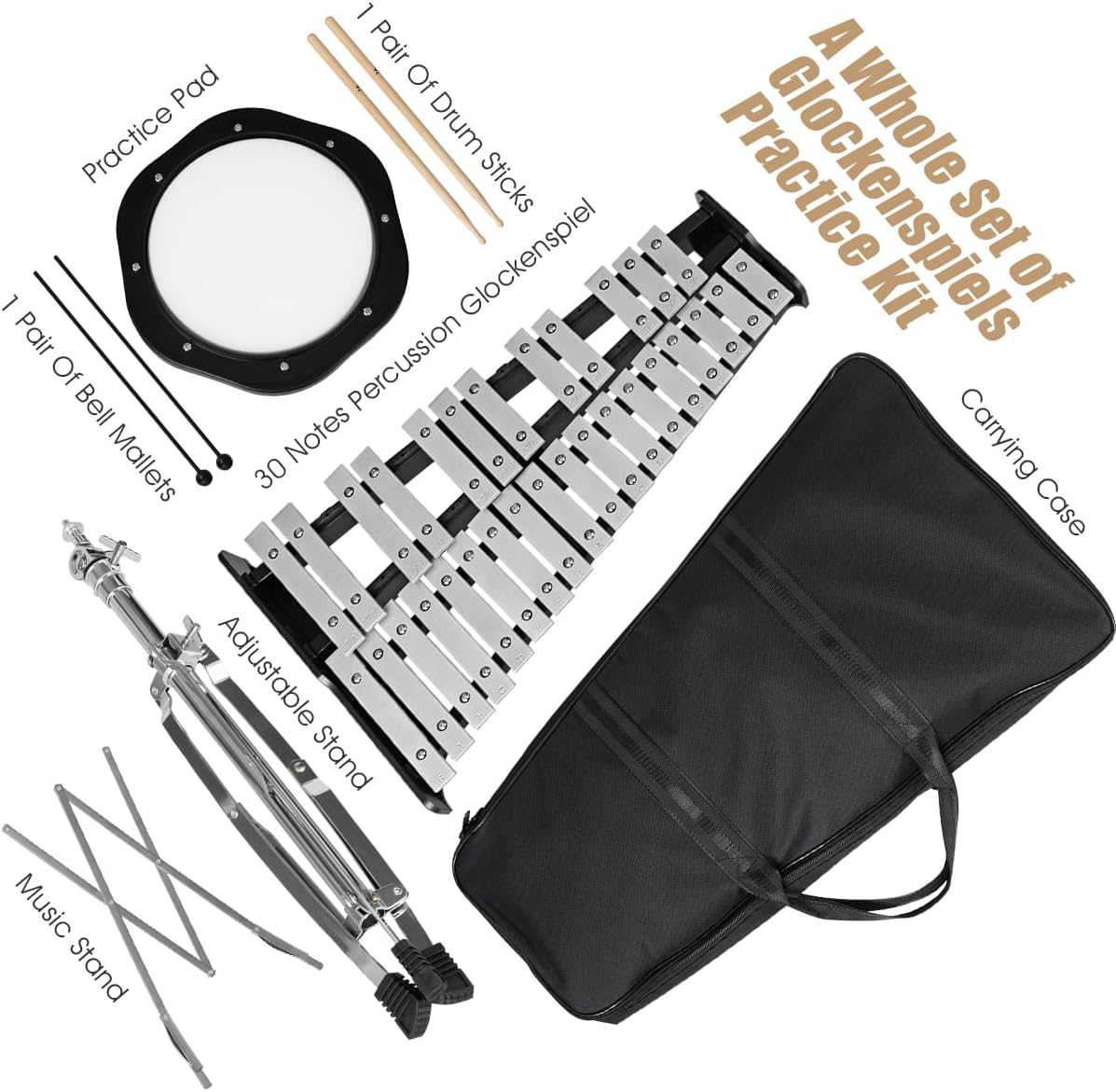 Giantex Percussion Glockenspiel Bell Kit 30 Notes with Carry Case, Practice Pad, Adjustable Height Stand, Bell Mallets, Wooden Sticks, Music Stand, Xylophone Percussion Instrument Set