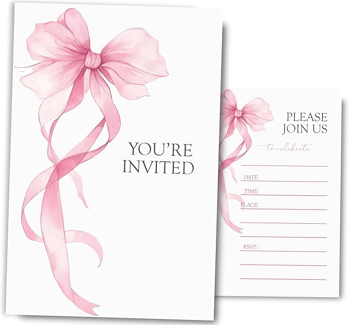 Pink Bow Birthday Invitations for Girls, Elegant Bow Birthday Party Invitaions for Girls Coquette Party Invites, 4x6 Inches, 30 Sets with Envelopes