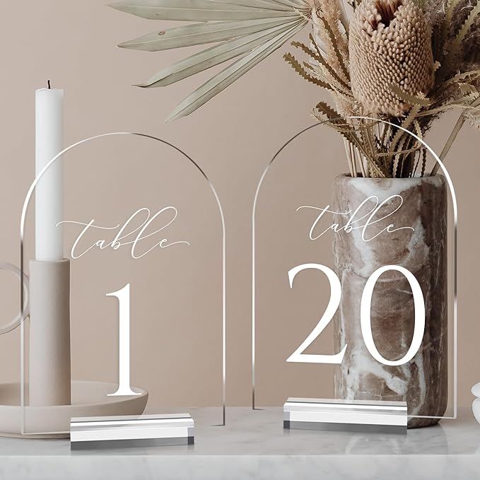 JINMURY Clear Arch Table Numbers for Wedding, 5x7 Inch Arched Acrylic Table Numbers 1-20 with Stands, Clear Acrylic Arch Sign with Holder for Centerpiece, Reception, Wedding, Party, Event