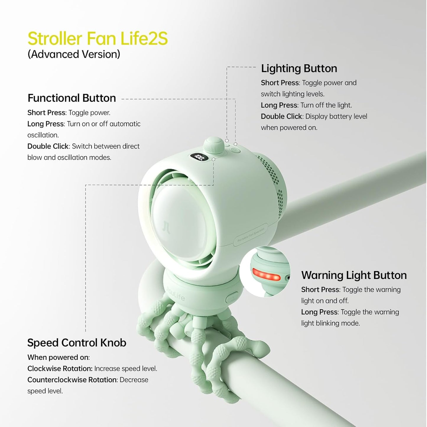 JISULIFE Stroller Fan Baby Large, Safe Bladeless for Crib, Desk, Portable Battery Rechargeable Cooling Fan with Air Turbo Tech, LED Display, Night Light, Food-Grade Gift for Mom/Dad/Friend - Green