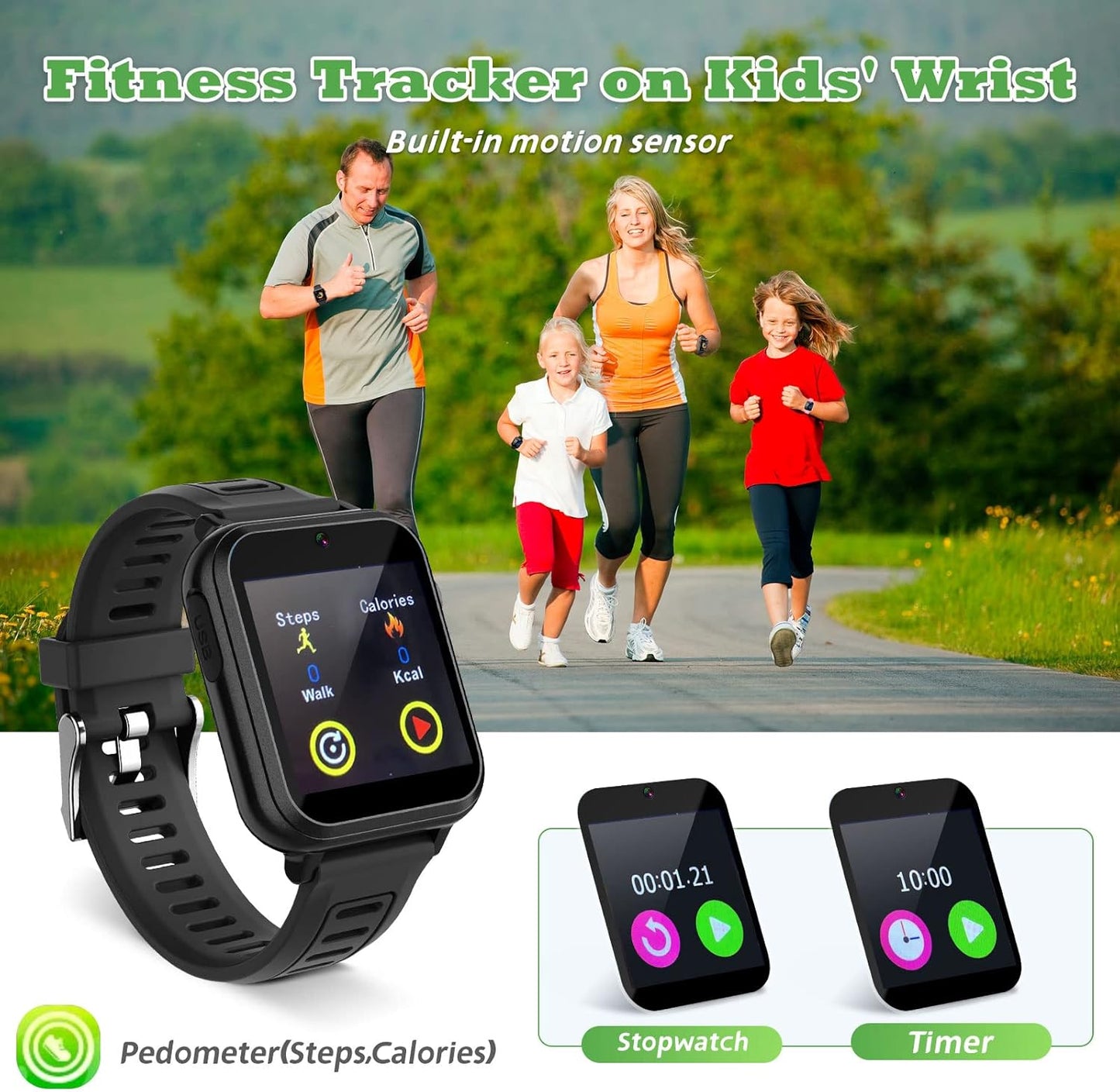 Smart Watch for Kids 4-12 Years Boys Girls,Smartwatch,Aluminum Case with Pink Sport Band,24 Games Camera Voice Music Video Player Recorder,Pedometer Flashlight, Birthday (Black)