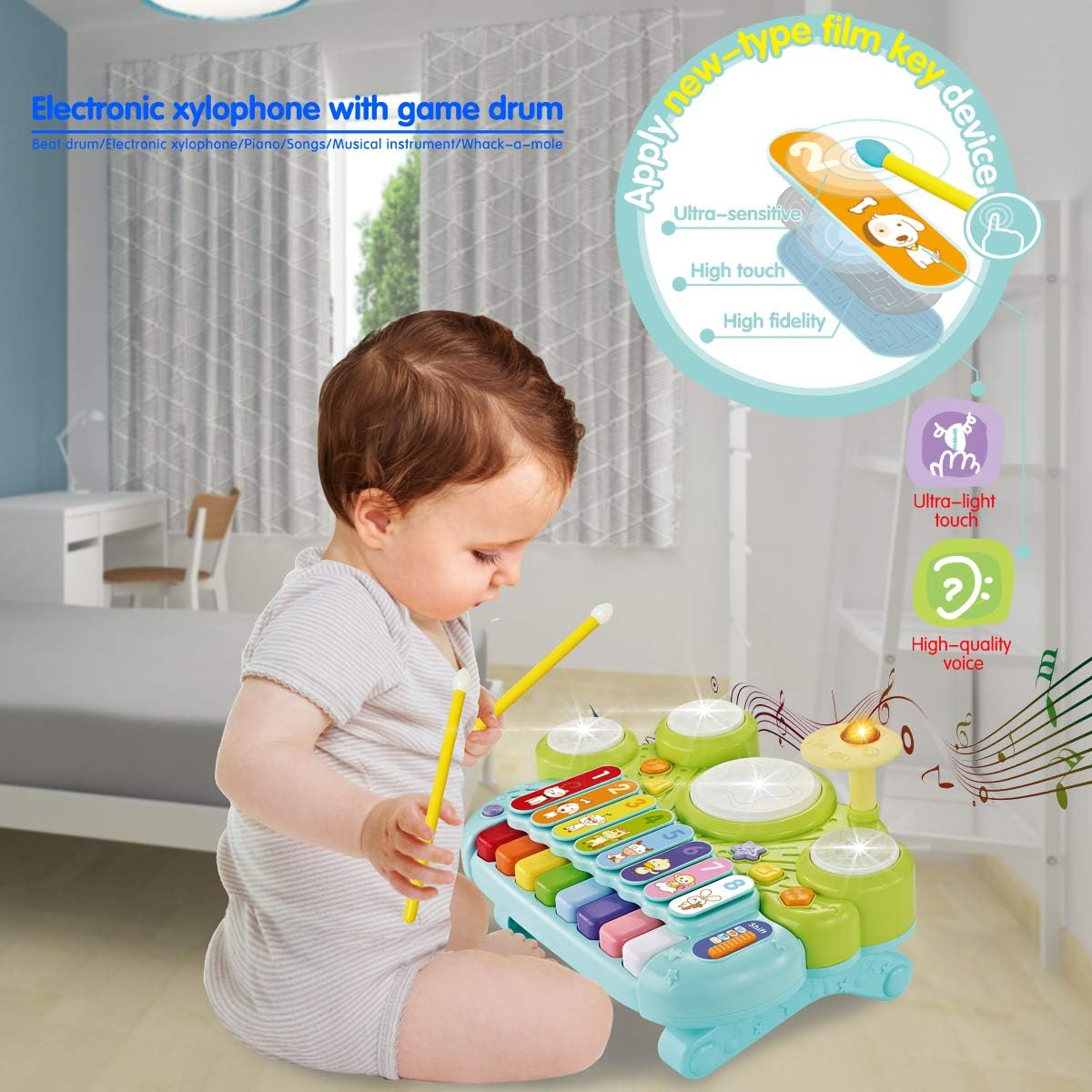 Fisca 3 in 1 Musical Instruments Toys, Electronic Piano Keyboard Xylophone Drum Set - Learning Toys with Lights for Baby & Toddler 1 2 3 Year Old Boys and Girls