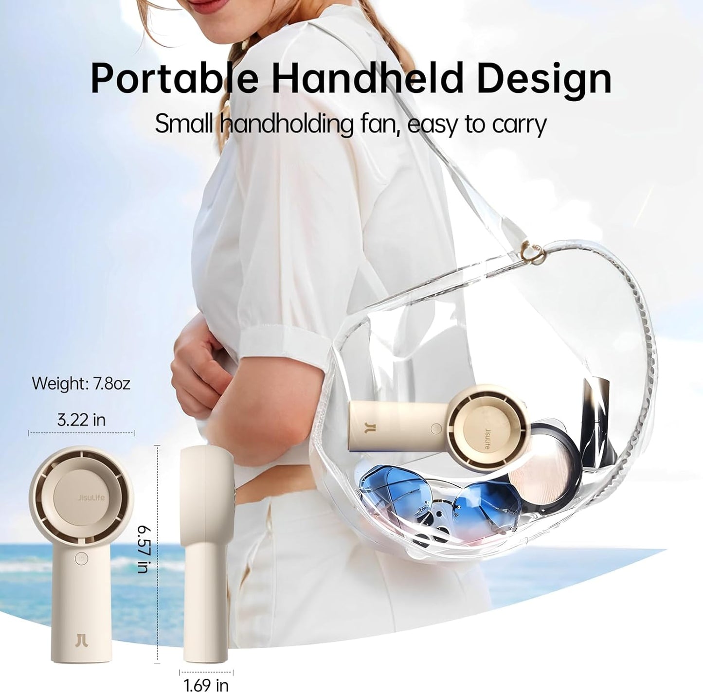 JISULIFE Handheld Portable Turbo Fan [16H Max Cooling Time], 4000mAh USB Rechargeable Personal Battery Operated Mini Small Pocket Fan with 5 Speeds for Travel/Outdoor/Vacation/Concerts - Brown