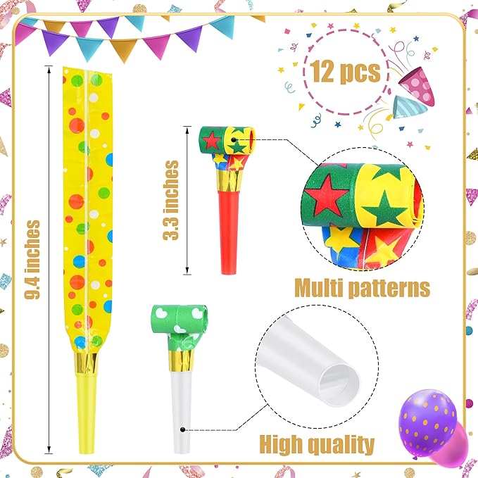 12 Pcs Party Blower Colorful Blowouts Noisemakers Birthday Blowouts Whistles for Party Favors(Colorful Paper Roll)
