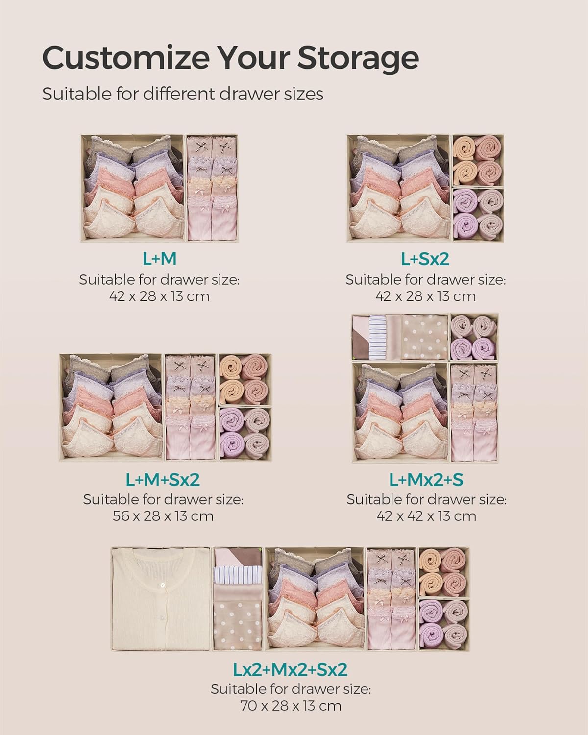 SONGMICS Drawer Organizers, Dresser Divider Organizers, Set of 12, Foldable Fabric Storage Boxes for Socks, Underwear, Bras, Ties, Scarves, Summer Sand URDZ006Y02