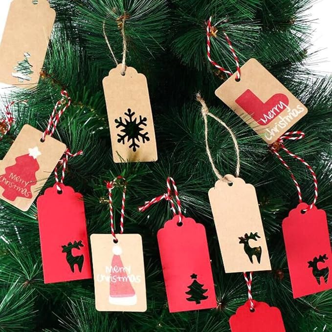 100 Pack Kraft Paper Christmas Gift Tags， Xmas Kraft Gift Tags with Jute Twine Baker Twine for DIY Xmas Holiday Present Wrap Stamp and Label Package Name Card