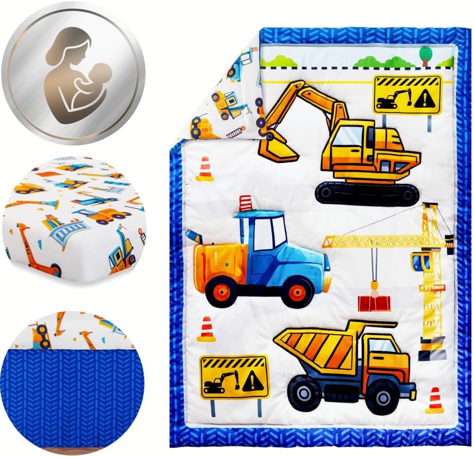 3 Piece Baby Boy Crib Bedding Set Construction Theme Baby Comforter Set for Crib Nursery Bed Set Decor with Fitted Crib Sheet, Comforter and Skirt for Boys Girls (Construction)