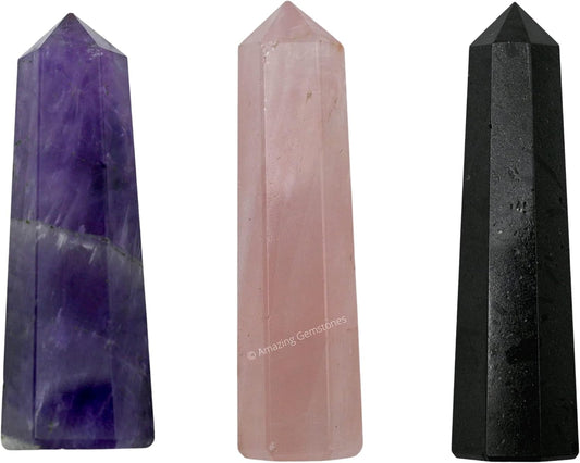 Amazing Gemstone Set of 3 Amethyst, Rose Quartz, Black Tourmaline Crystal Towers - Natural Healing Crystal Point Obelisk for Reiki Healing and Crystal Grid (2 Inch to 3 Inch)