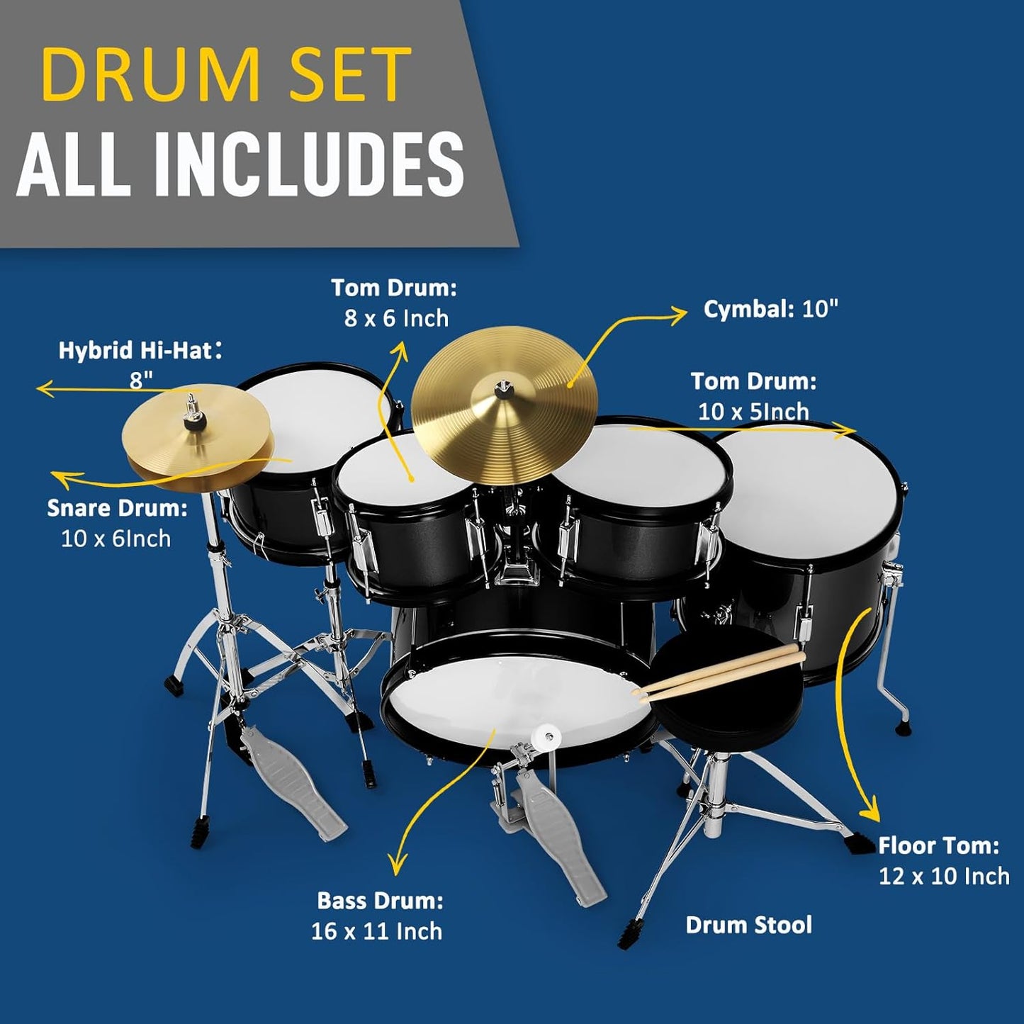 Ktaxon 5-Piece Complete Junior Drums Set, 16 Inch Beginners Drum Kit with Throne Stool, Pedal & Drumsticks, Kids Drums Musical Instruments W/Cymbal, Hi-Hat, Floor, Tom and Snare Drum (Black)