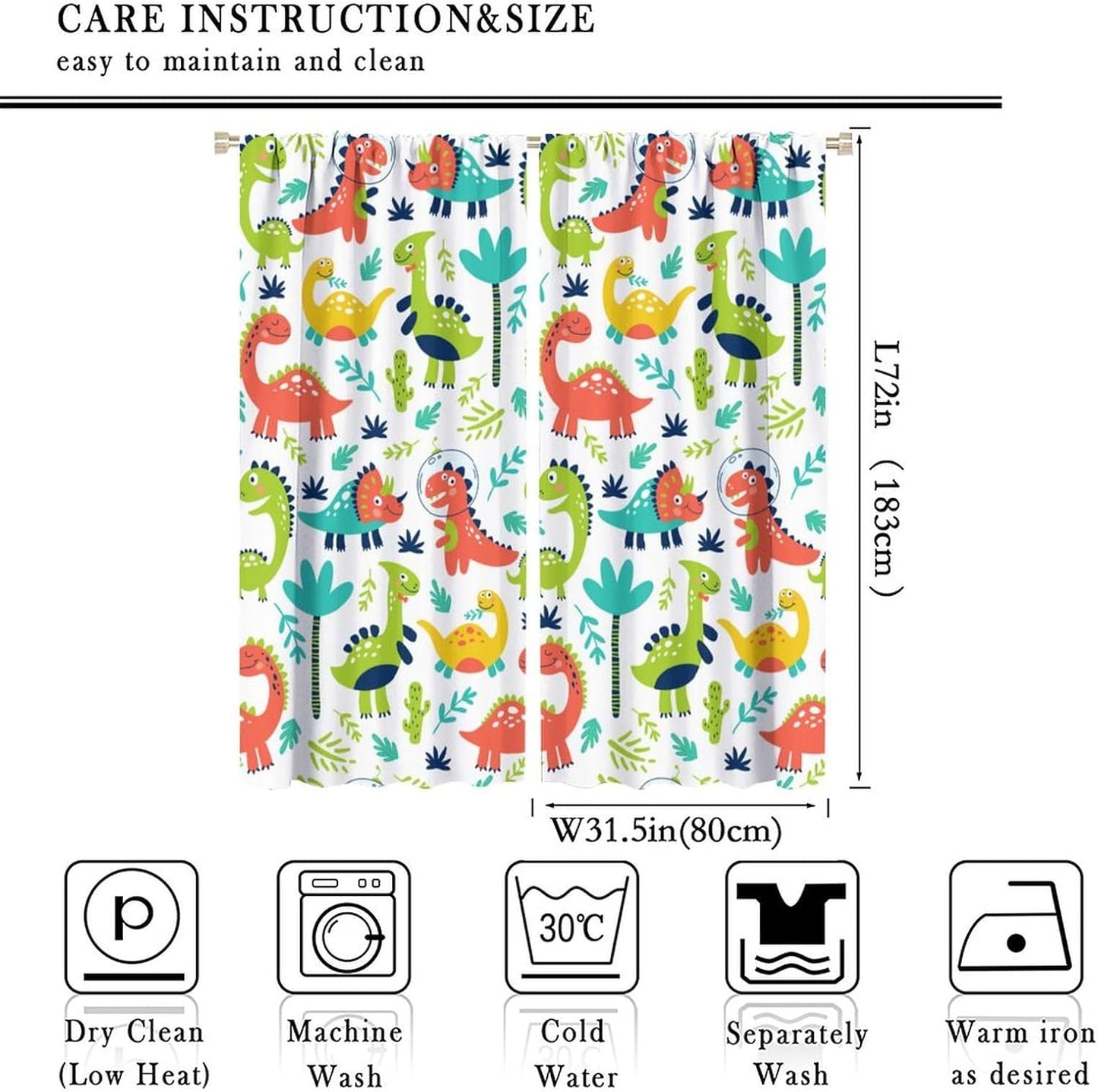 Rustic Dinosaurs Curtains Colorful Dino Kids Boys Cartoon Cute Cool Funny Decor Printed Blackout Rod Pocket Window Drapes for Living Room Bedroom W31.5xL72in 2 Panels