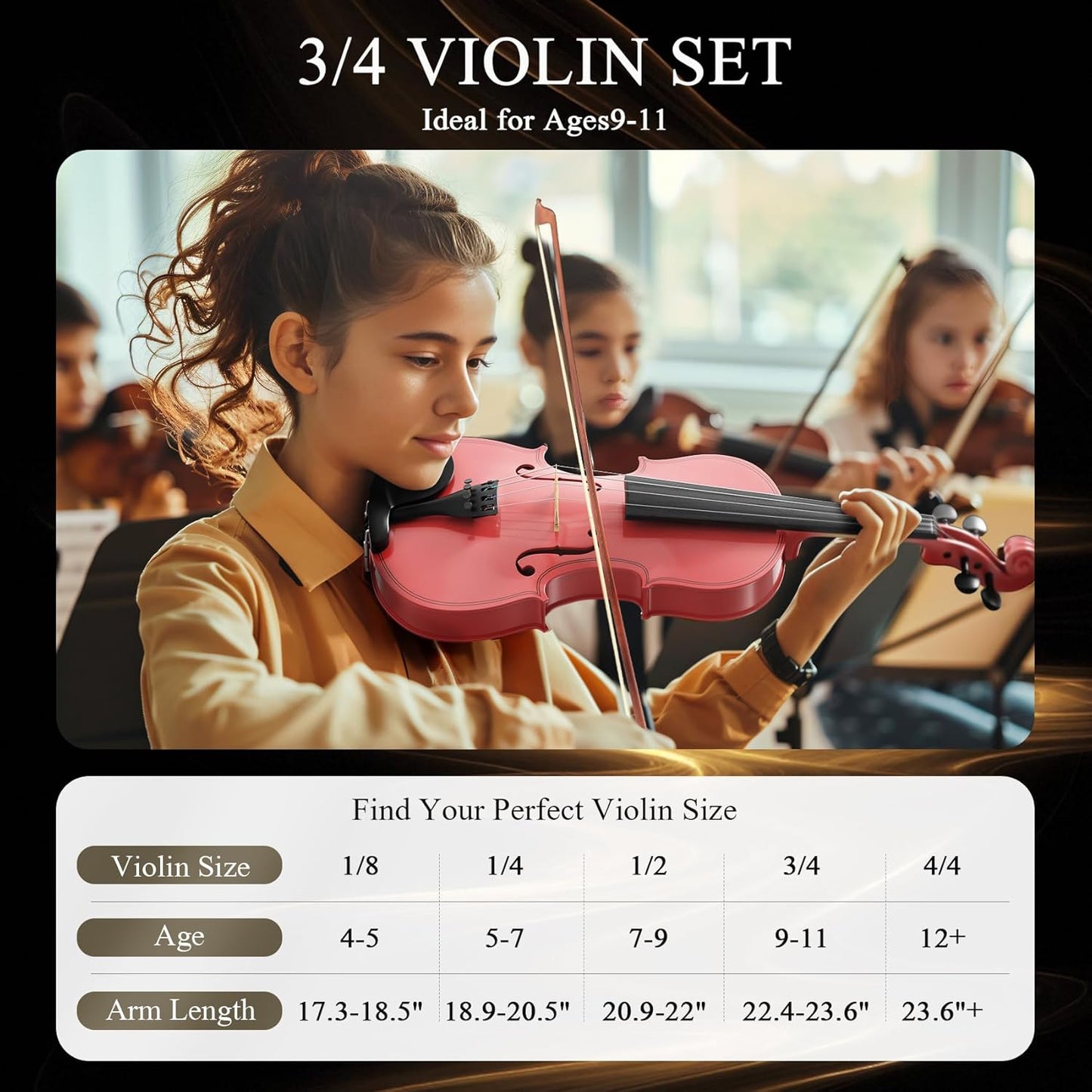 3/4 Beginner Violin Kit, Complete Violin Set with Case, Bow, Rosin, Pink