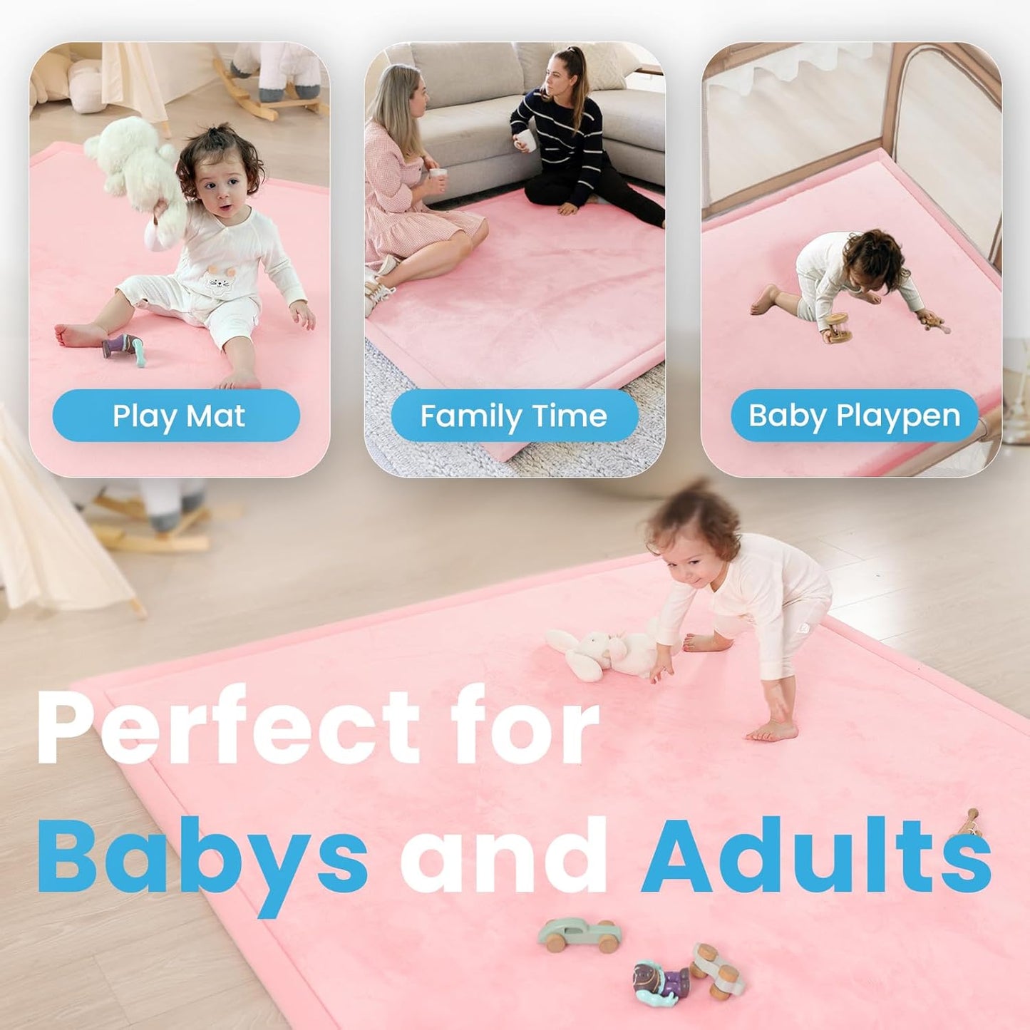 Ultra Soft Baby Play Mat,1.3" Thick Elasti-Foam Tummy Time Mat for Infants,Toddlers,Kids,Water-Repellent Coral Fleece Nursery Rug,Non-Slip Safe for Crawling&Hardwood Floors(Pink)