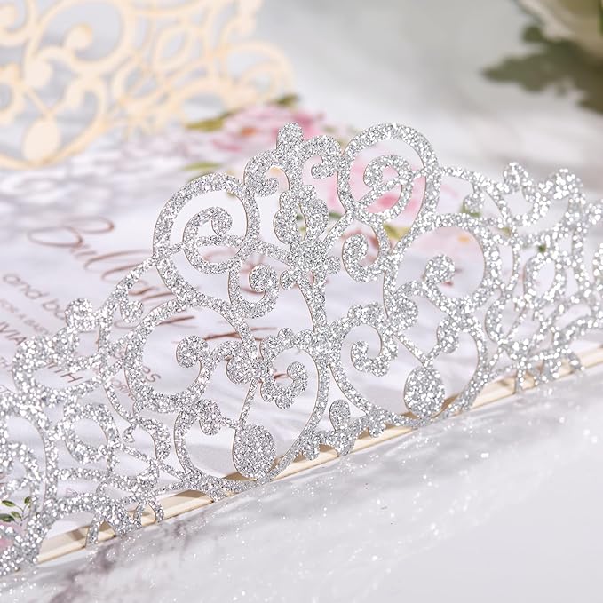 50Pcs Sliver Glitter Wedding Invitations with Envelopes and Rsvp Cards Ribbons Laser Cut Invitation Blank Inner Sheet Pearl Paper Tarjetas de Invitación Para Boda XV Anos Quinceañera Wedding Invite