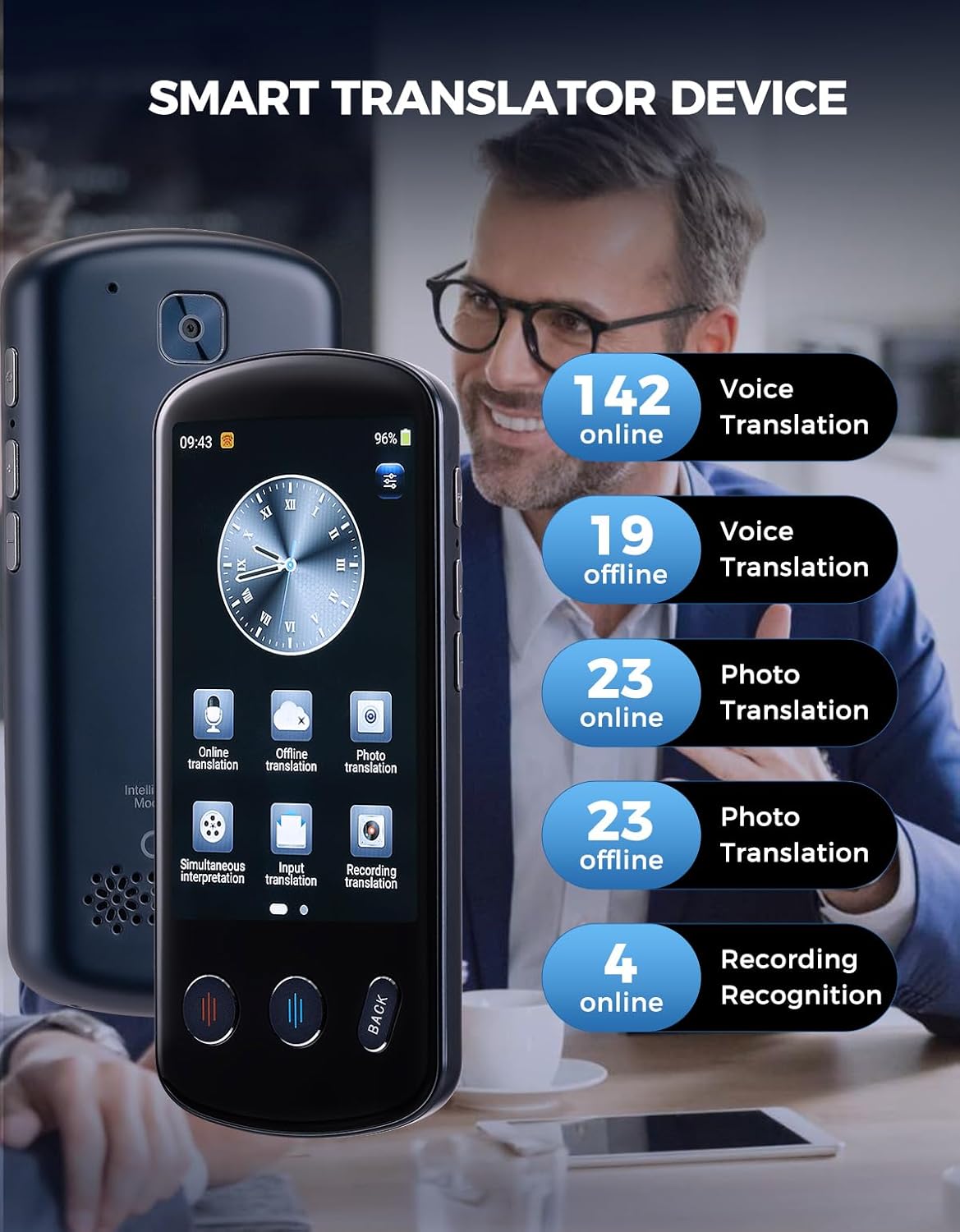 SVANTTO P60 AI Language Translator Device, Supports 142 Two Way Real-Time Voice Language Translation, No WiFi Needed, 8H Battery Life, Offline&Recording&Photo Translation for Travel Business Learning