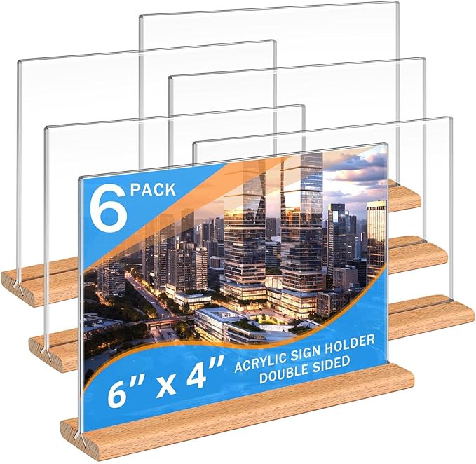 Kersally Acrylic Sign Holder 6 x 4, 6 Pack Double-Sided Clear Table Display Stands with Wood Base,Horizontal Acrylic Frame Menu Flyer Paper Holder for Store, Restaurant, Hotel, Office, Show Fair