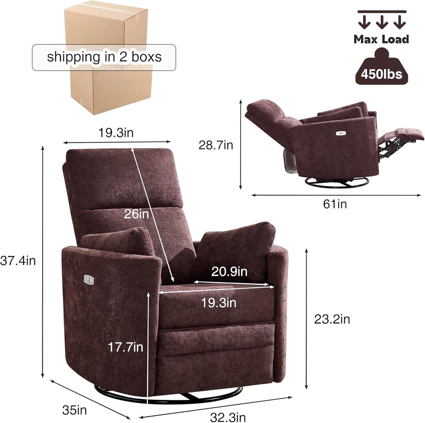 Power Swivel Glider Rocking Recliner,Electric Recliner Upholstered Nursery Chair Adult Rocking Chair with 2 Pillows for Living Room Bedroom(Coffee, Power-Driven)