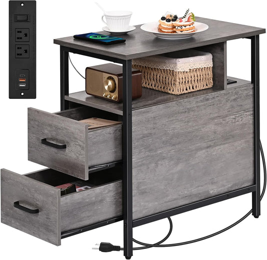 Side Table, Gray End Tables with Charging Station, Narrow End Table with Wooden Drawers, USB Ports and Power Outlets, Nightstand and Bedside Table, Side Table Living Room, Bedroom