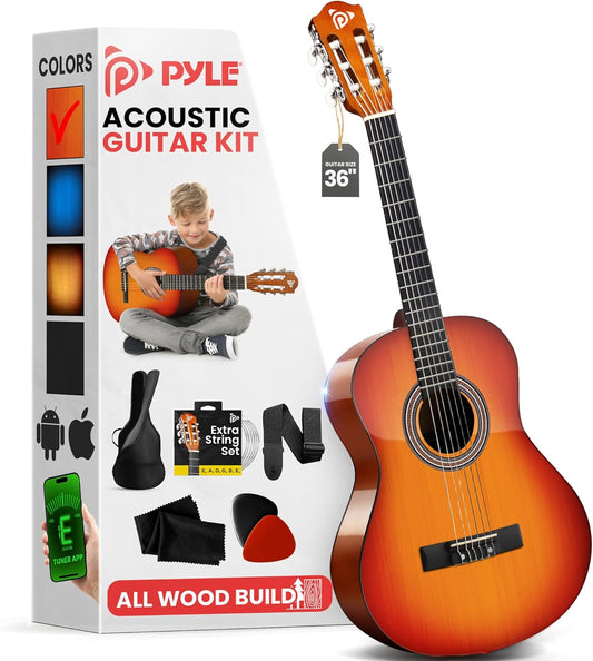 Pyle 36'' -Inch 6-String Classic Guitar-3/4 Size Scale Guitar with Digital Tuner & Accessory Kit, Sunburst, Right, 7 Cherry Burst, Gloss, 36” (PGACLS82CS.X9)