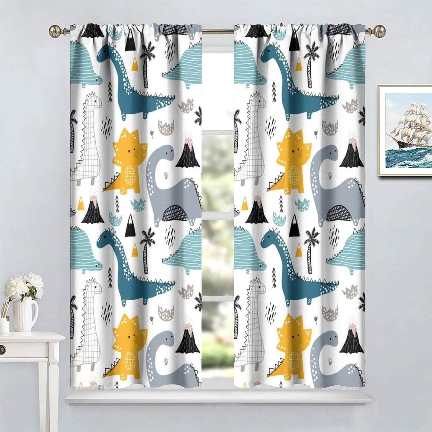 Kids Dinosaur Curtains for Boys Girls Bedroom Decor Cartoon Dino Colorful Cute Funny Wildlife Animal Printed Blackout Rod Pocket Window Drapes for Baby Nursery Playroom Living Room W21xL45in Decor