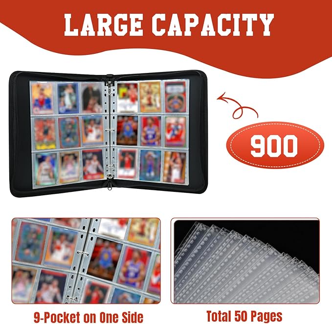 Trading Card Binder 9 Pocket - Basketball Card Binder with Sleeves 900 Double Sided Pockets Sports Trading Cards Album Cards Holder Protectors Set Fit for Game Cards, Sports Cards