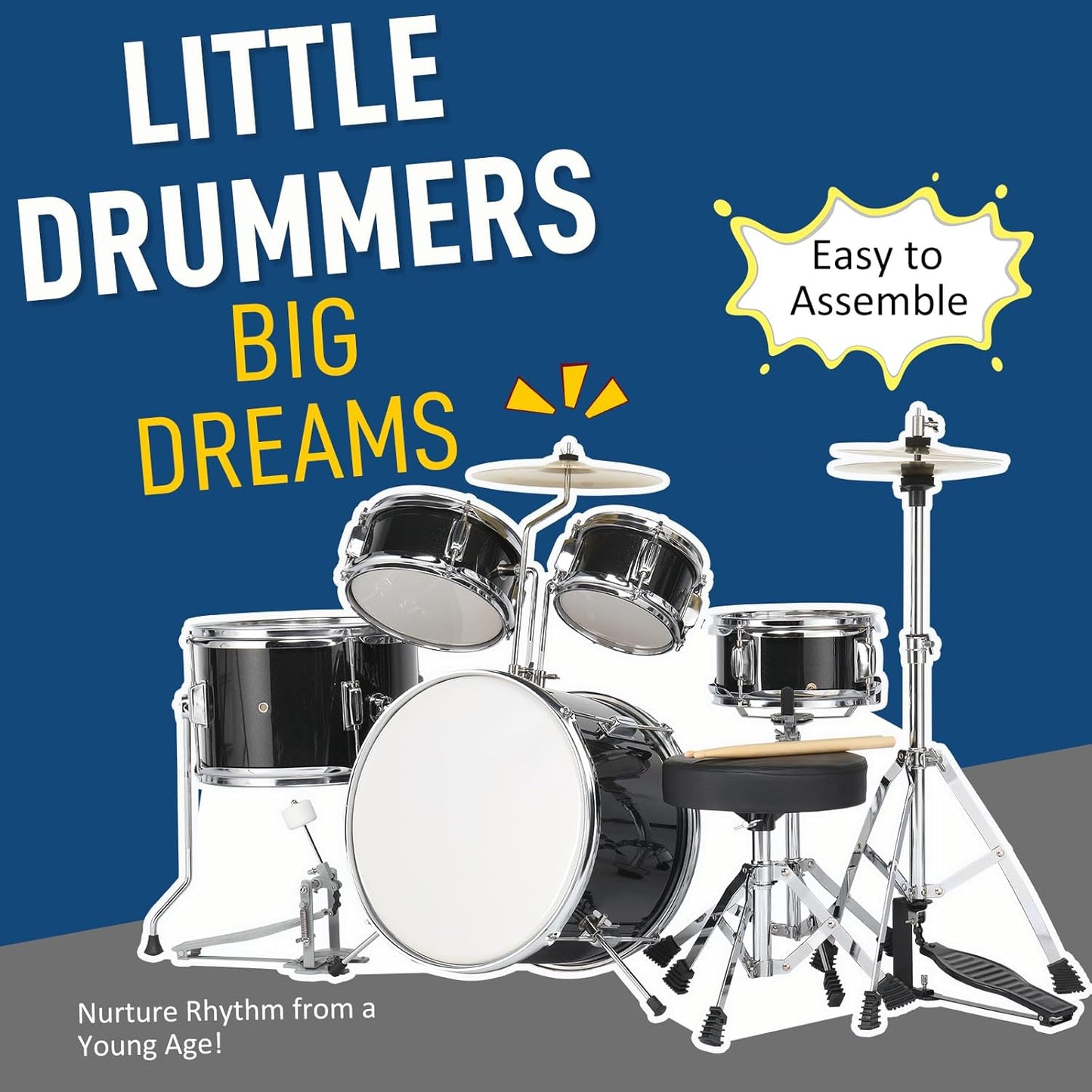 Ktaxon 5-Piece Complete Junior Drums Set, 14 Inch Beginners Drum Kit with Throne Stool, Pedal & Drumsticks, Kids Drums Musical Instruments W/Cymbal, Hi-Hat, Floor, Tom and Snare Drum (Black)