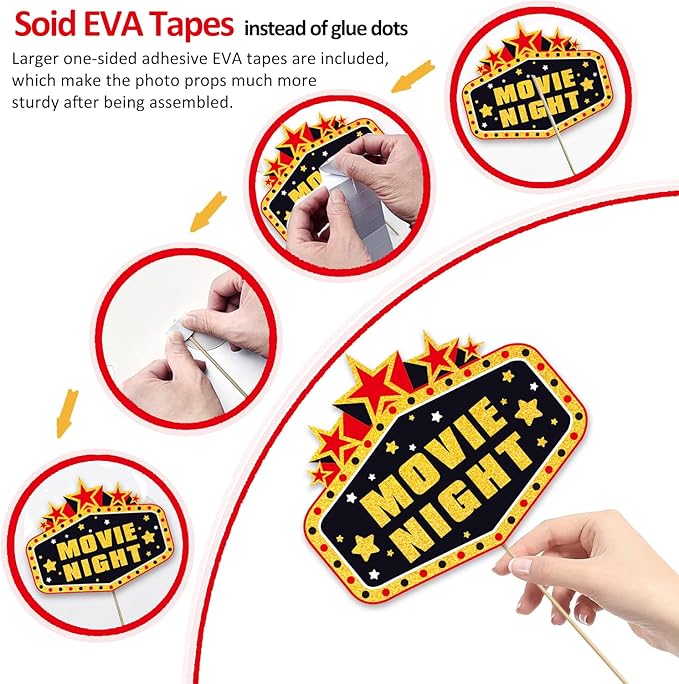 34pcs Hollywood Themed Movie Night Party Photo Booth Props, Hollywood Selfie Frame with Party Photo Props, Red Carpet Cutouts Cards Table Toppers Theme Decor Movie Night Party Supplies