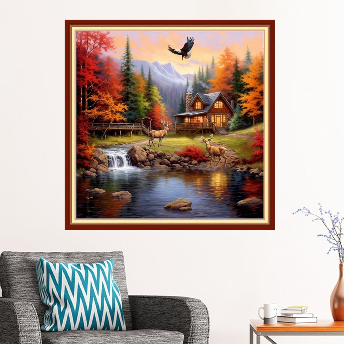 Stamped Cross Stitch Kits - Beach Night Landscape Counted Cross Stitch Kits for Beginners Adults Needlepoint Cross-Stitch Patterns-House Elk 18x18 inchs