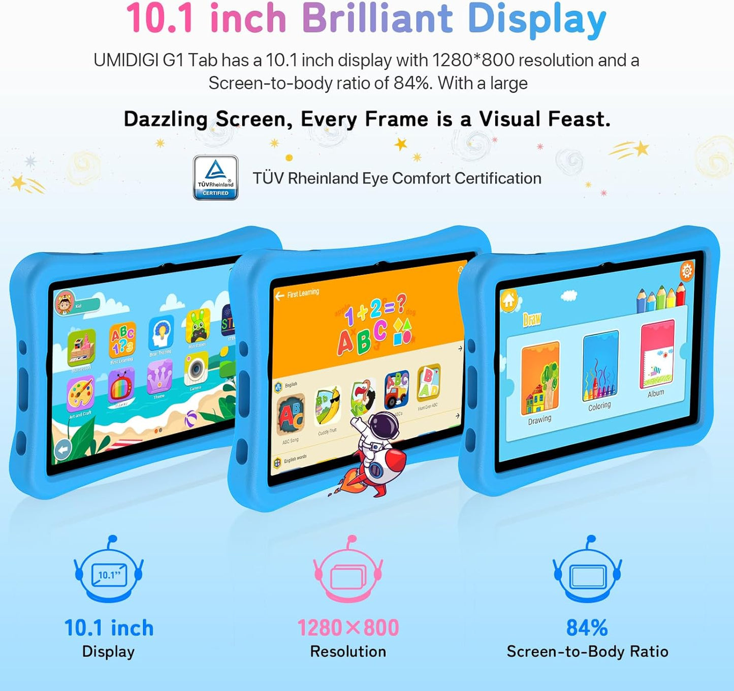UMIDIGI Kids Tablet, G1 Tab Android Tablet PC, 10.1" Tablet for Kids, 8G+64G up to 1TB, WiFi 6, 8MP+8MP Dual Camera, Quad-Core, 6000mAh, BT5.0, TÜV Eye Bluelight, Parental Control,Blue