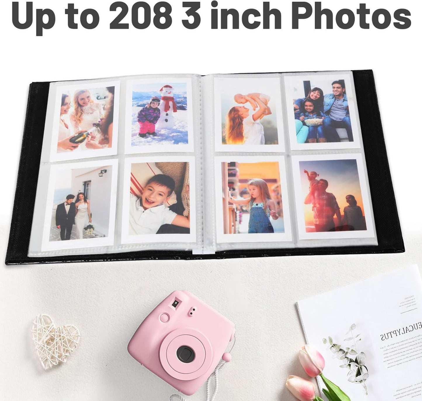 RECUTMS Photo Album 208 Photos for Fujifilm Instax Mini Camera, 2x3 Inch Photo Album, Leather Cover with Window, for Instax Mini 12 11 9 40 90 8 7 Evo LiPlay Instant Camera (Wine Red)