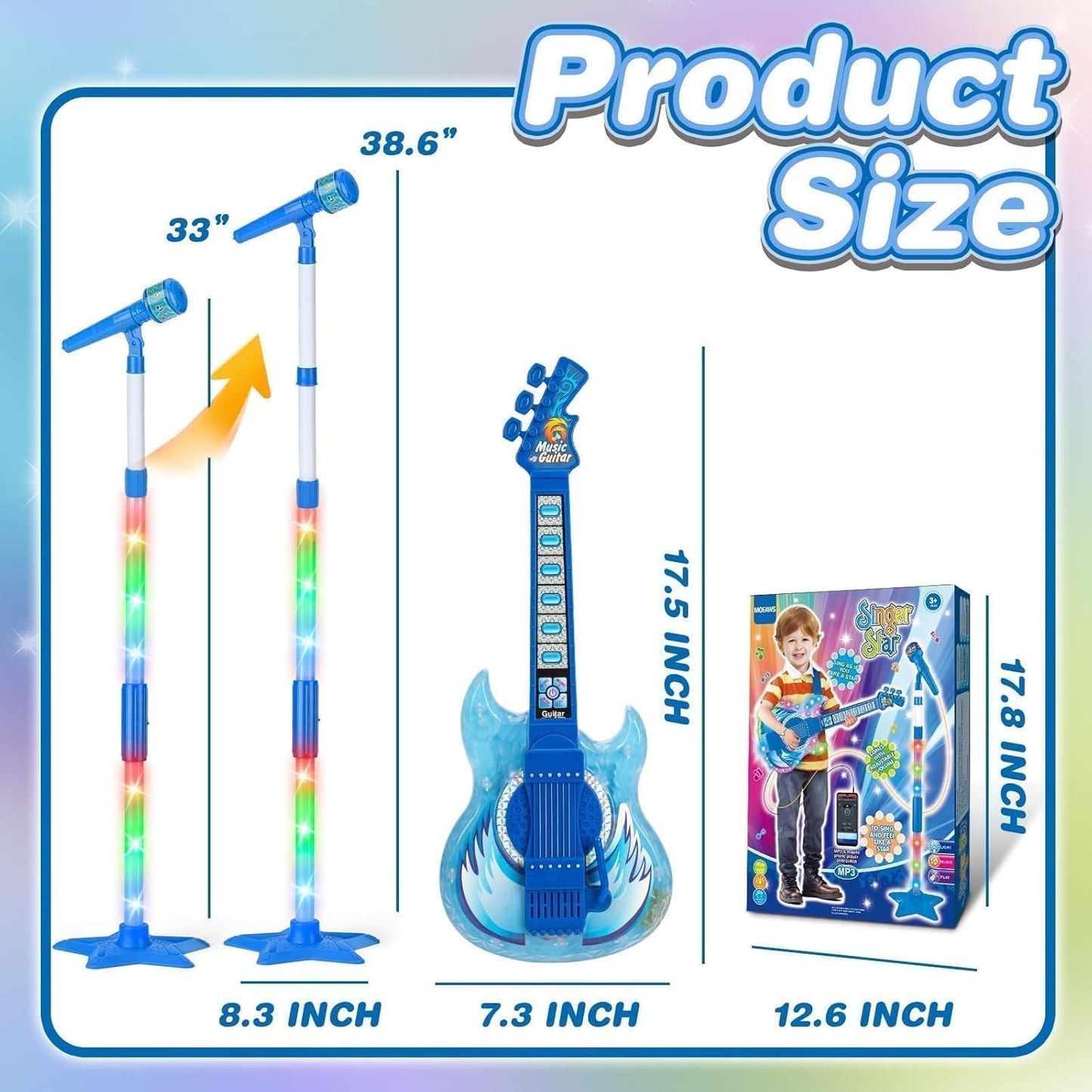 Kids Guitar and Microphone Set, Toy Guitar with Adjustable Volume and Strap, Microphone with Stand and Color Light, Toddler Musical Instrument for 3-5 5-9, Kids Karaoke Machine for Boy Girls(Blue)