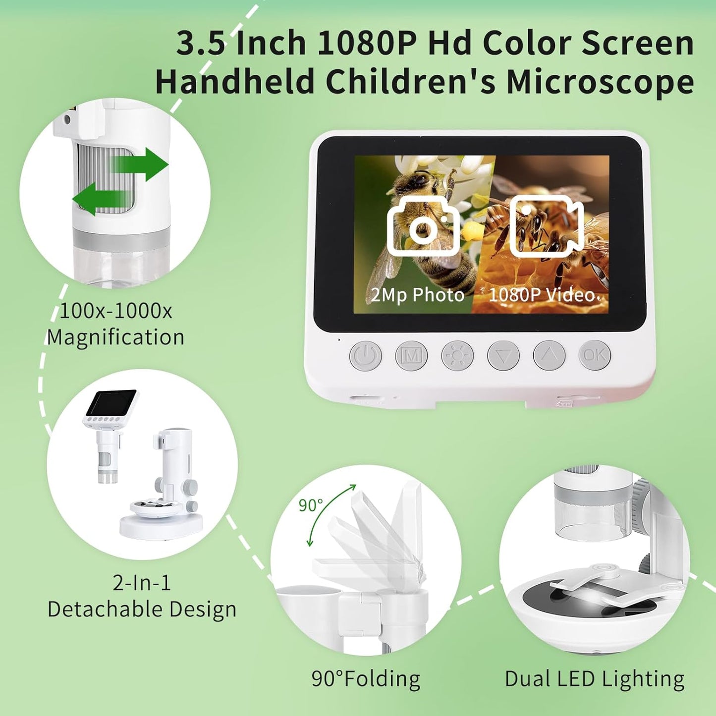 Microscope for Kids with up to 1000X Magnification, 3.5-inch Foldable Color Screen, 2-in-1 USB Microscope with Photo and Video for Classroom Education, Learning and Exploration