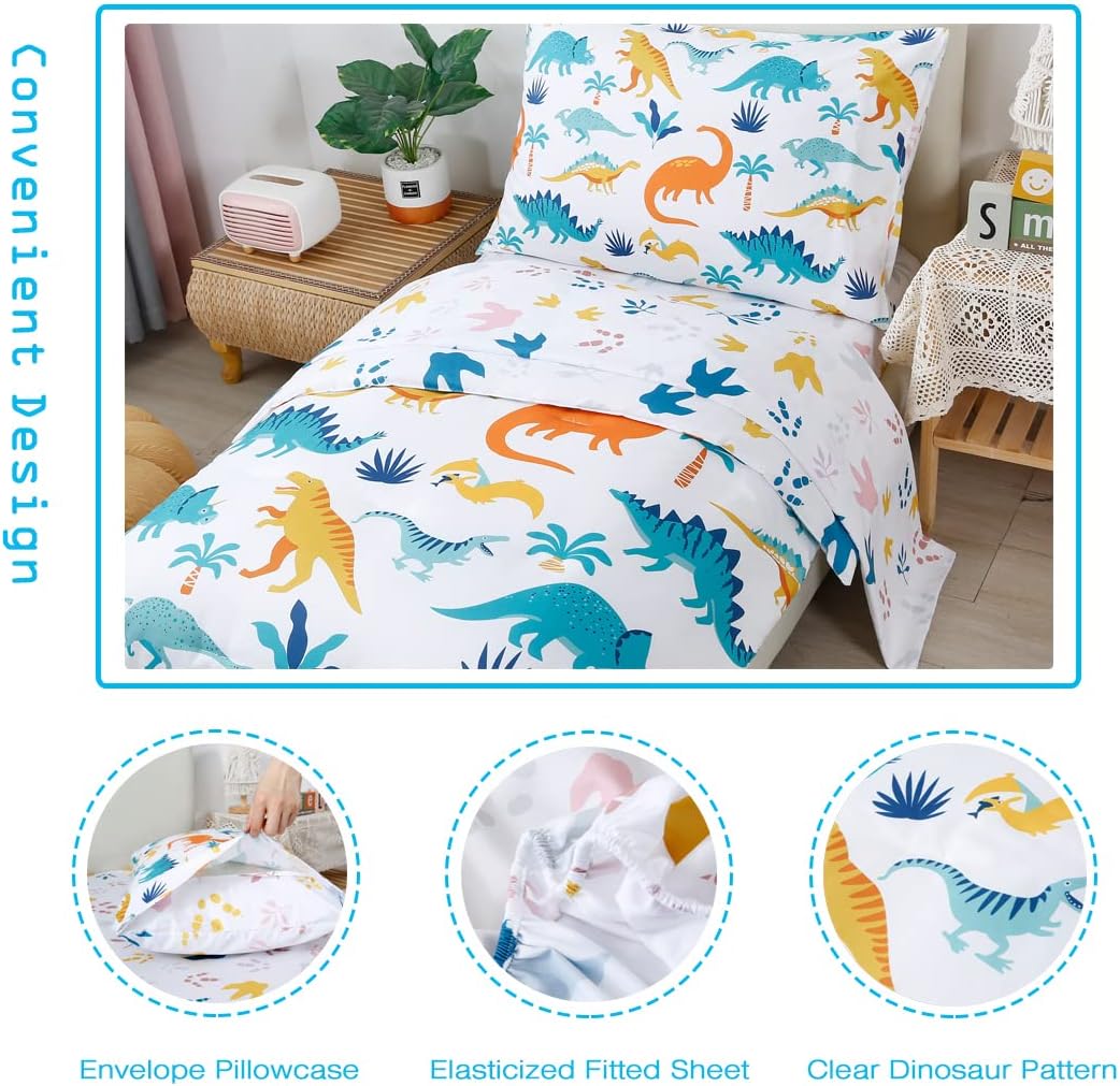 PERFEMET 4 Pieces Toddler Bedding Set Cartoon Dinosaur Print Comforter Sheet Set for Boys Microfiber Soft Toddler Comforter Set Includes Comforter, Flat Sheet, Fitted Sheet and Pillowcase, Colorful