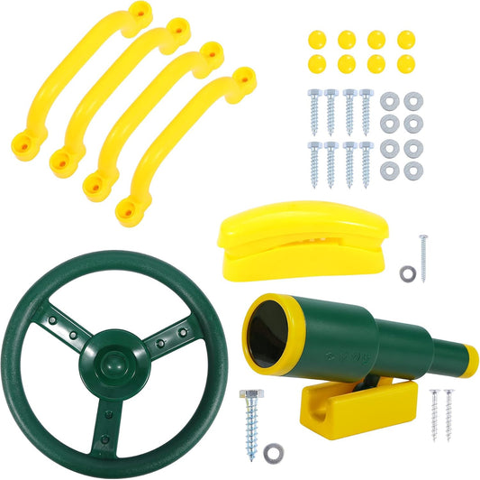 RedSwing Playground Accessories for Kids, Outdoor Swingset Attachments with Pirate Ship Wheel, Toy Telescope, Telephone and Safety Handles (Yellow and Green)