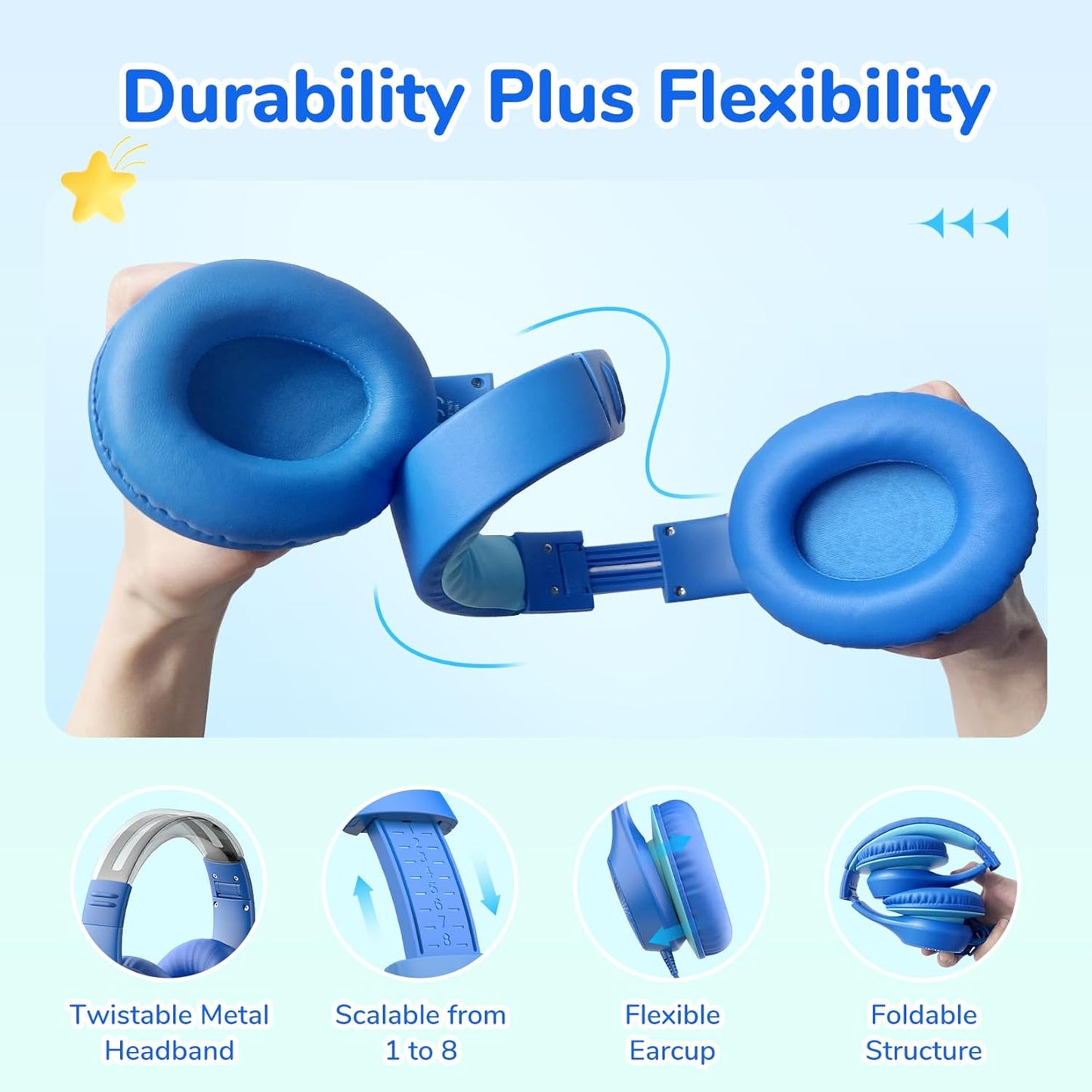 EarFun K3 Kids Headphones, Over Ear Headphones with Microphones, 85/94dB Safe Volume Limit, HD Stereo Sound, 3.5mm Jack, Foldable Wired Headphones for School/Travel/Boys/Girls/Tablet/iPad, Blue
