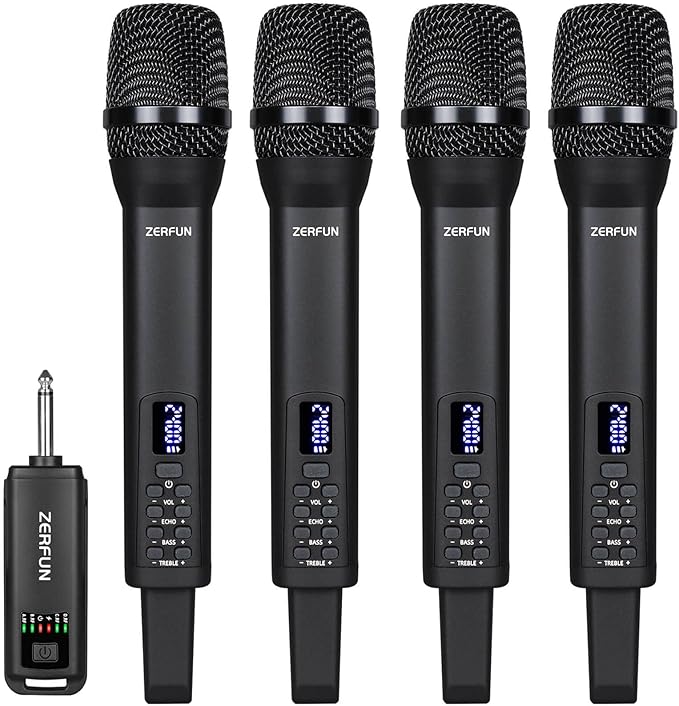 4 Rechargeable Wireless Microphones, Pro Handheld Cordless Mics System with Echo Treble BASS VOL Control for Karaoke Singing Church Party, 1/4'' Output, Black