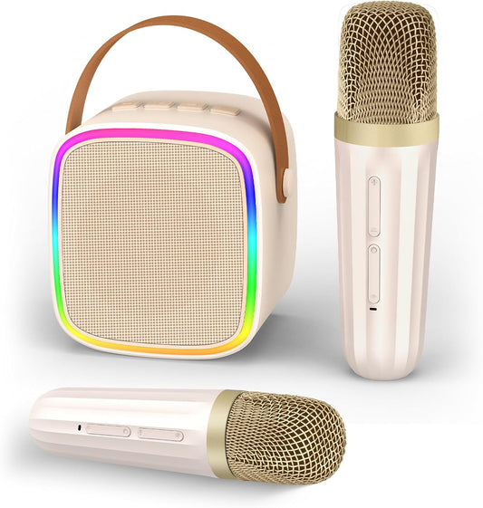 Mini Karaoke Machine with 2 Wireless Microphones, Kids Toys Portable Bluetooth Speaker for Kids Adults Toddler, Christmas Girls Toys for 4 5 6 7 8 9 10 12 Year Old Birthday Gift Ideas(Beige)