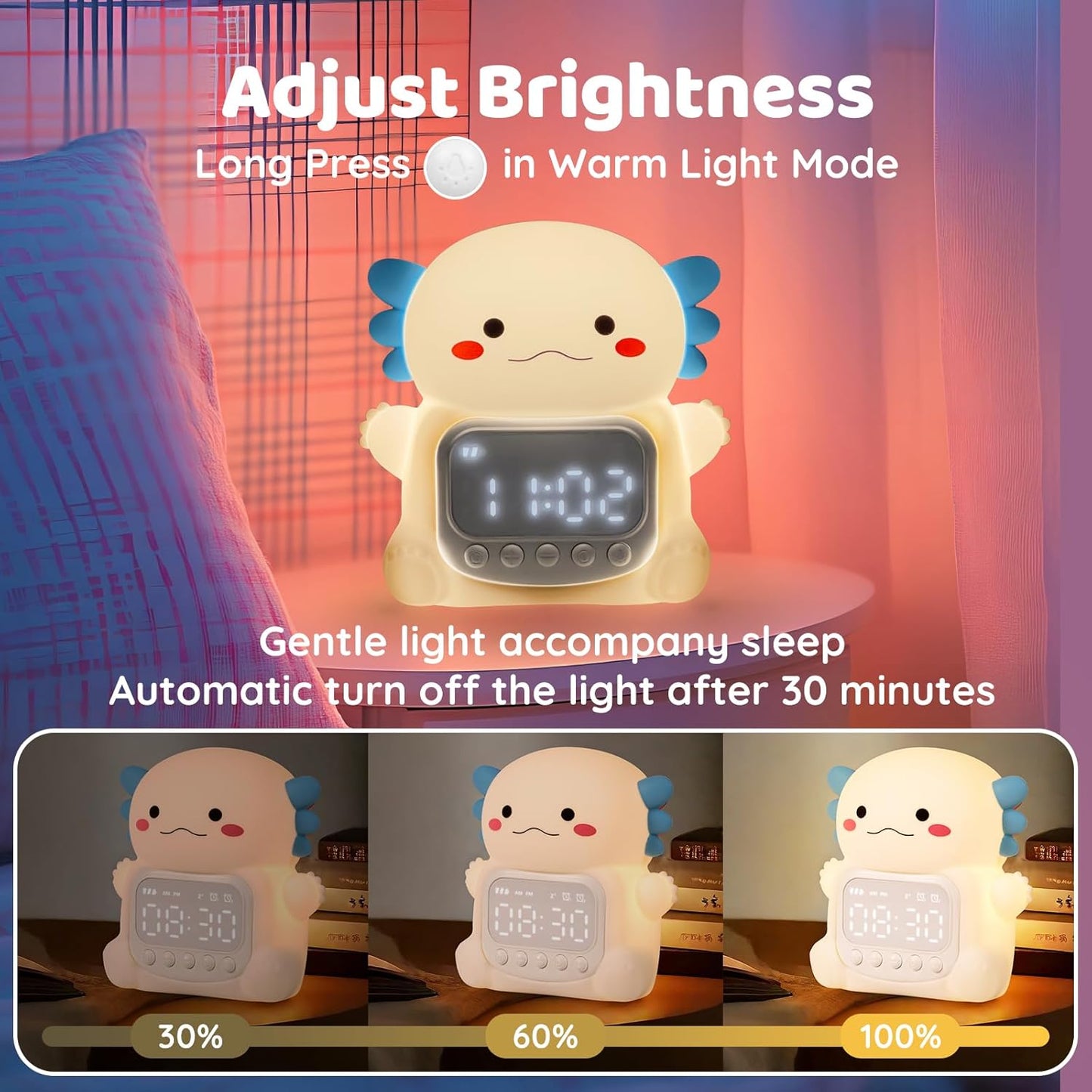 Axolotl Alarm Clock with Night Light for Kids, Rechargeable Silicone Lamp Time to Wake Clock Cute Animal Tabletop Lamp, Perfect Sleep Companion for Boys Girls, White