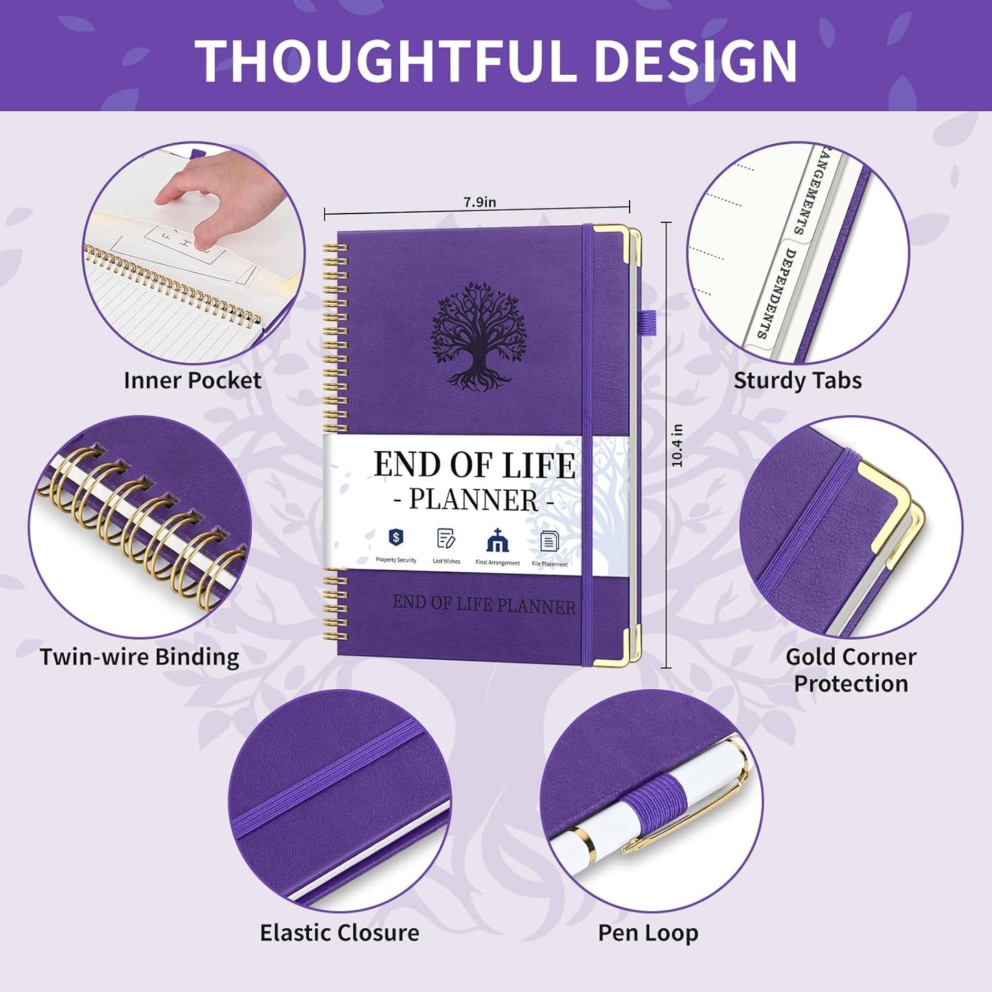 End of Life Planner, Spiral Estate Planning Organizer with Tabs for Senior, I'm Dead Now What Planner for Final Arrangements & Important Affairs with Large Print, 7.9"x10.4", Purple