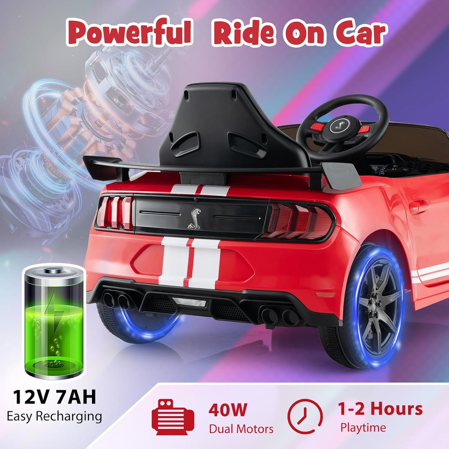 Costzon Ride on Car, 12V Licensed Ford Mustang Shelby GT500 Kids' Electric Vehicles w/Remote Control, USB Port, Radio, Music, Player, High Low Speed & Soft Start, Racing Kids Car for Toddlers (Red)