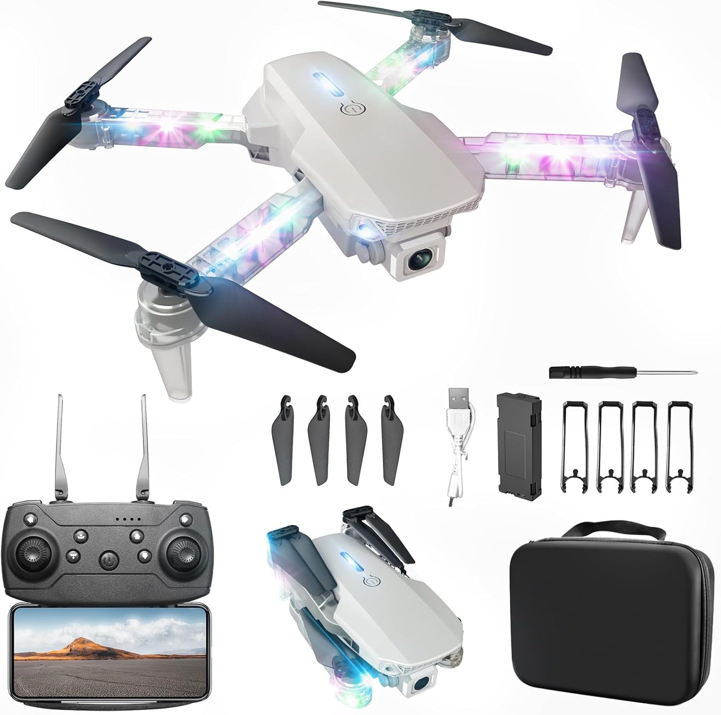 Drone with Camera 1080P HD - Foldable FPV Mini Drones with LED Lights for Adults Kids and Beginners, Toys Gifts RC Quadcopter with One Key Take Off, 3D Flips for Boys Girls with 2 Batteries, White