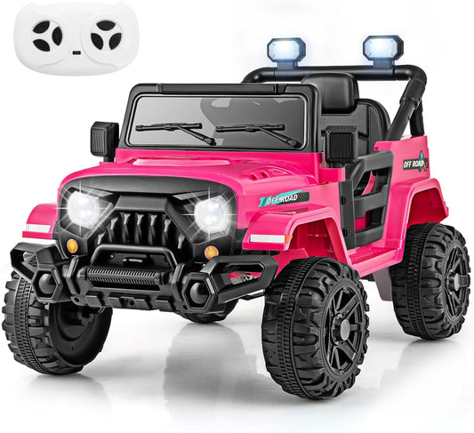 Costzon 12V Kids Ride on Truck Car, Electric Vehicle w/Remote Control, Threaded Wheels, 3 Speeds, LED Lights, Music, Horn & Wireless Connection, Battery Powered Ride on Toy for Boys & Girls 3+ (Pink)