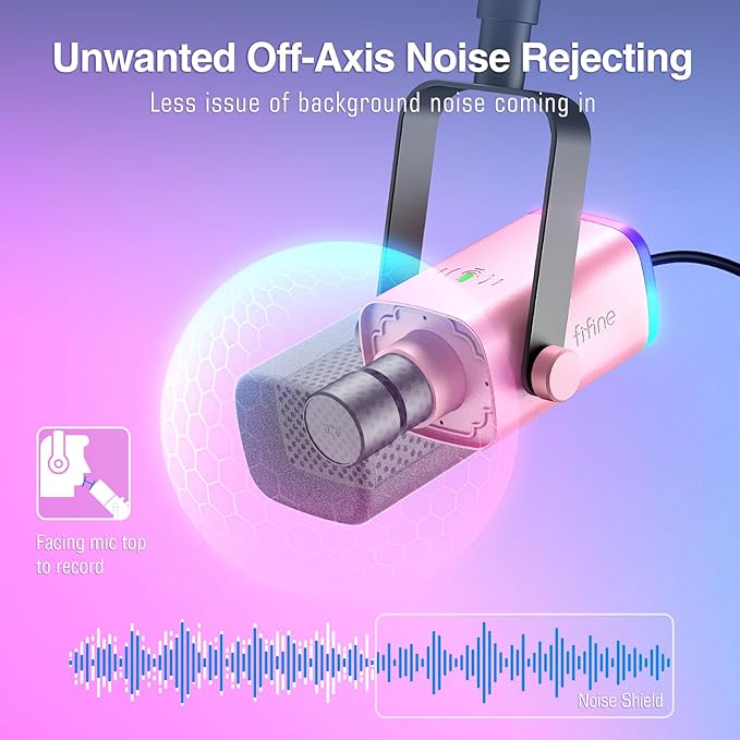FIFINE XLR Gaming Microphone USB, PC Dynamic Microphone Kit for Vocal, Recording, Podcast, Streaming RGB Mic with Headphone Jack, Mute Button, Boom Arm Stand for Computer/Mixer-AmpliGame AM8T Pink